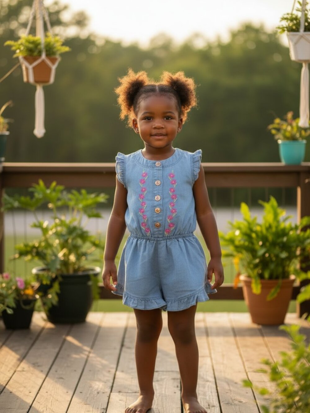 Girls Denim Embroidered Romper | Ruffle Sleeve Chambray One-Piece Size 2T